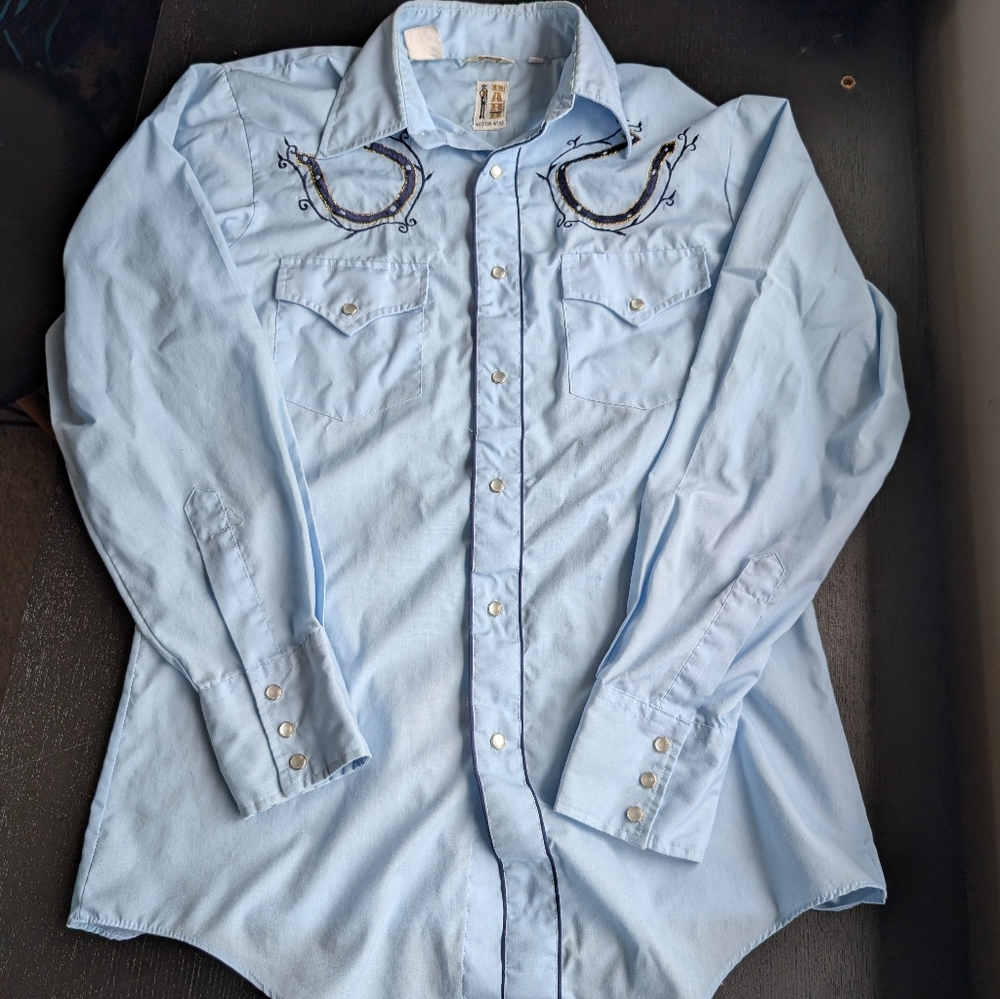 Bar B Embroidered Blue Western Button Up Shirt